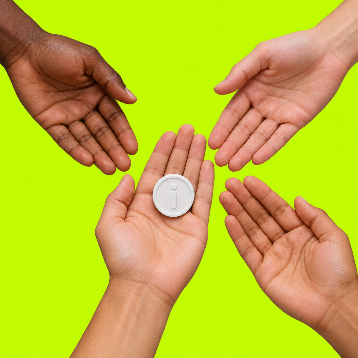 Open hands gathered around a white ceramic iCoin on a vivid green background
